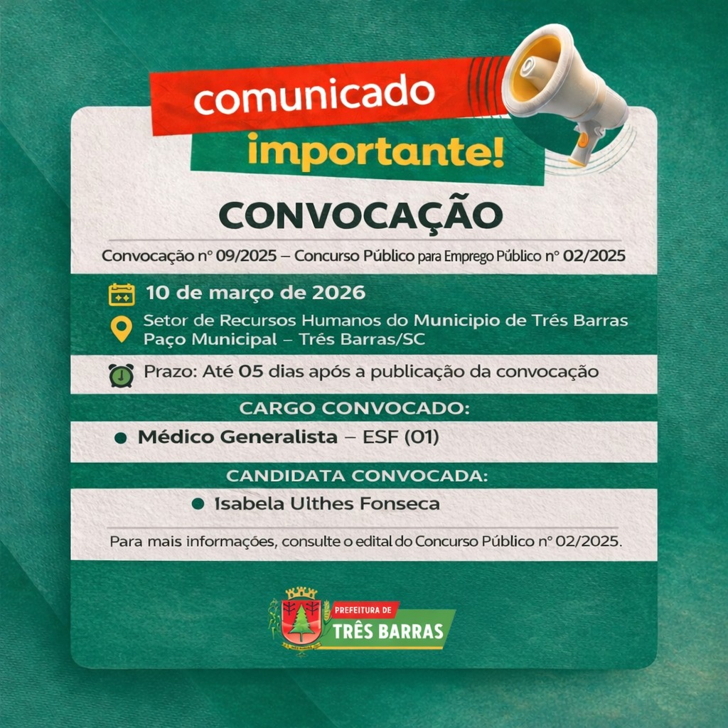 Prefeitura de Três Barras convoca candidata aprovada em Concurso Público