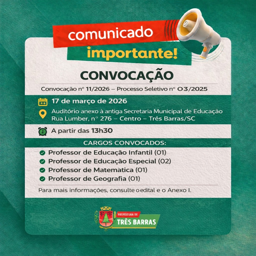 Prefeitura de Três Barras convoca candidatas aprovadas em Processo Seletivo