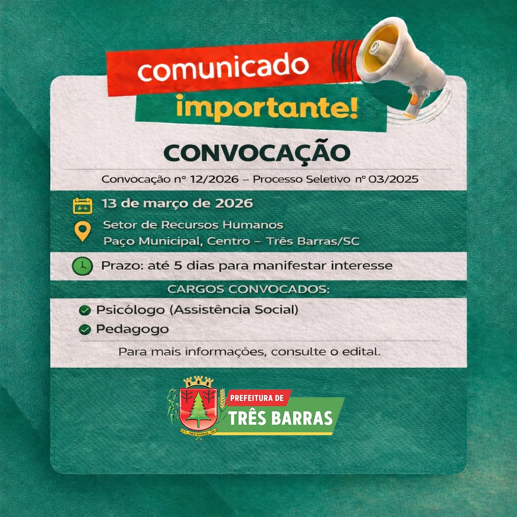 Três Barras divulga convocação de candidatos aprovados no Processo Seletivo (03/2025)