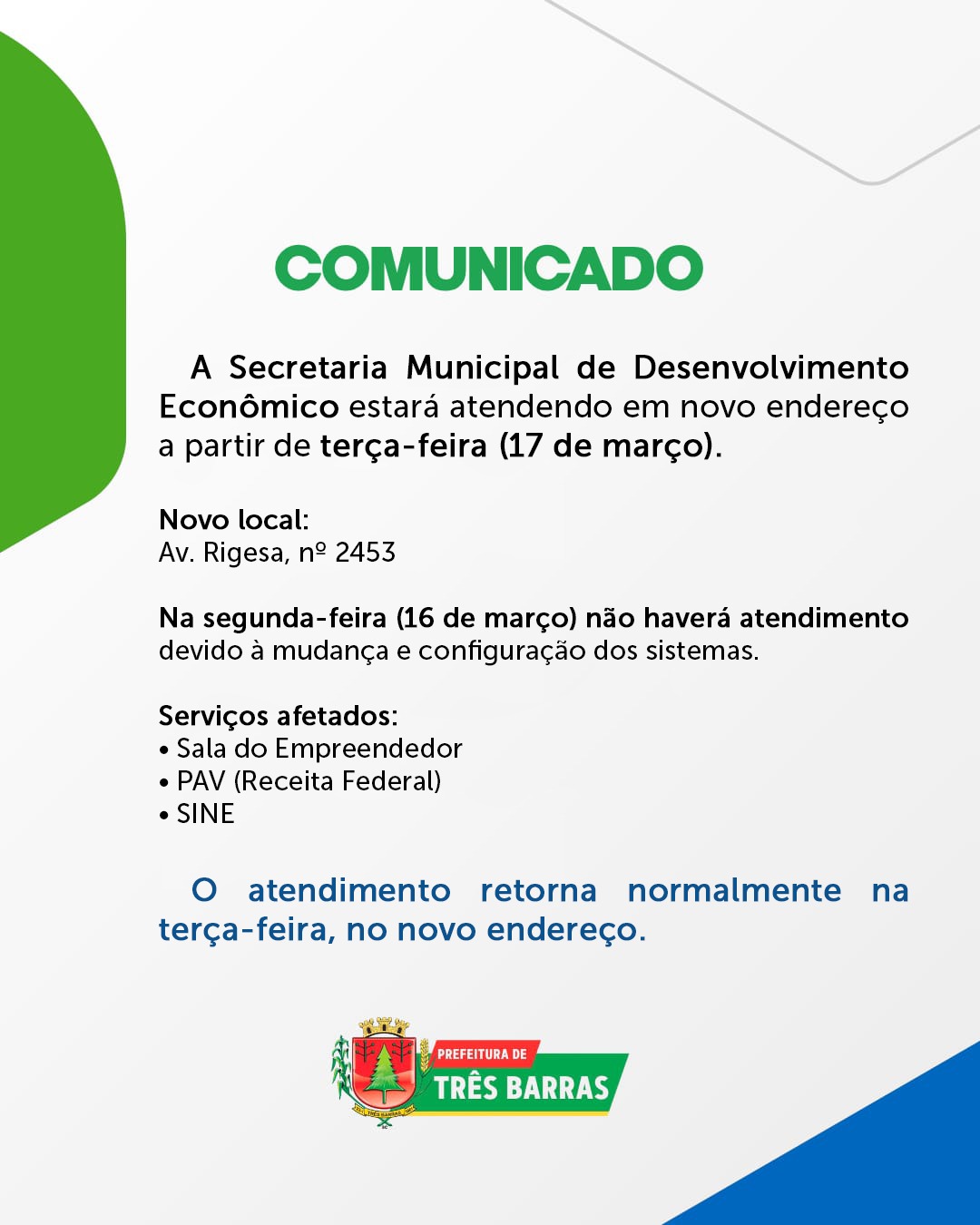 Secretaria de Desenvolvimento Econômico muda de endereço; atendimentos sofrem pausa na segunda-feira (16)