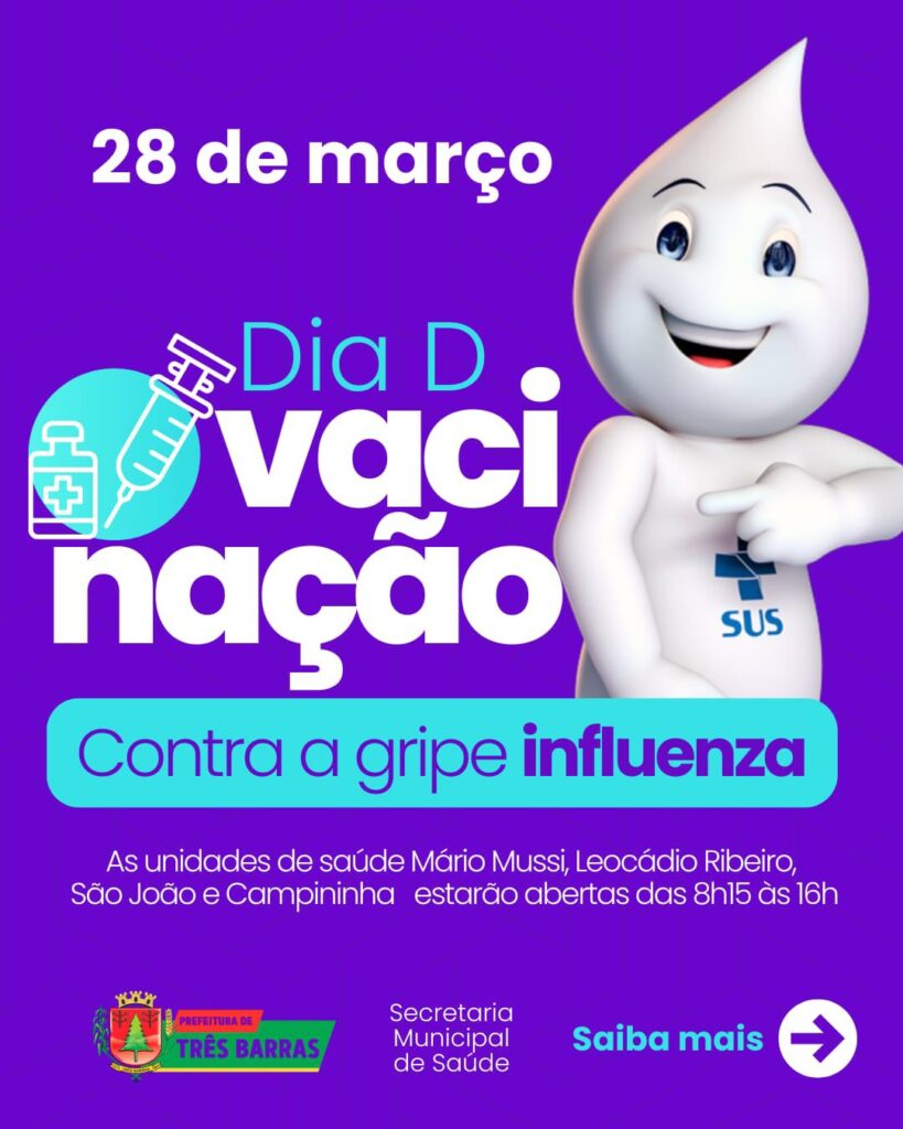 Saúde: Três Barras promove “Dia D” de vacinação contra a gripe neste sábado (28) Saúde: Três Barras promove “Dia D” de vacinação contra a gripe neste sábado (28)