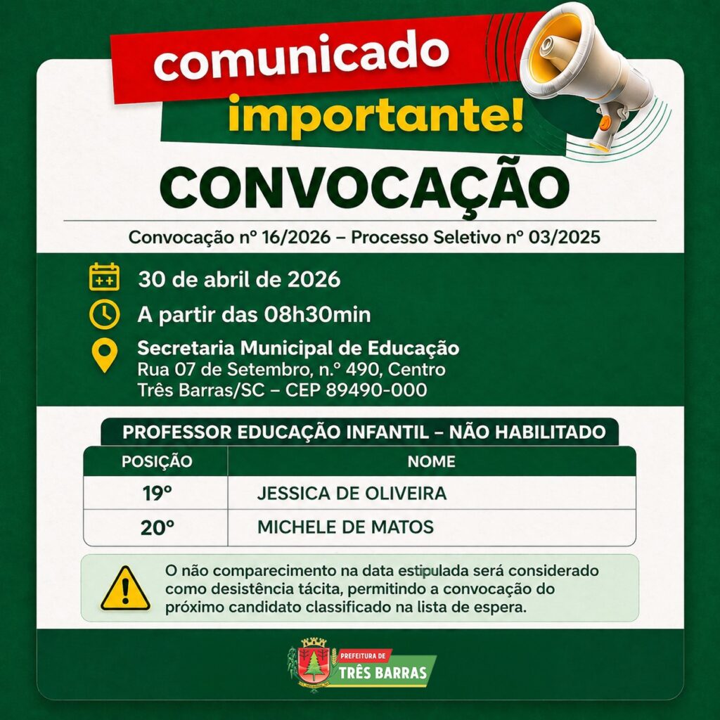 Prefeitura de Três Barras convoca aprovadas em Processo Seletivo Prefeitura de Três Barras convoca aprovadas em Processo Seletivo