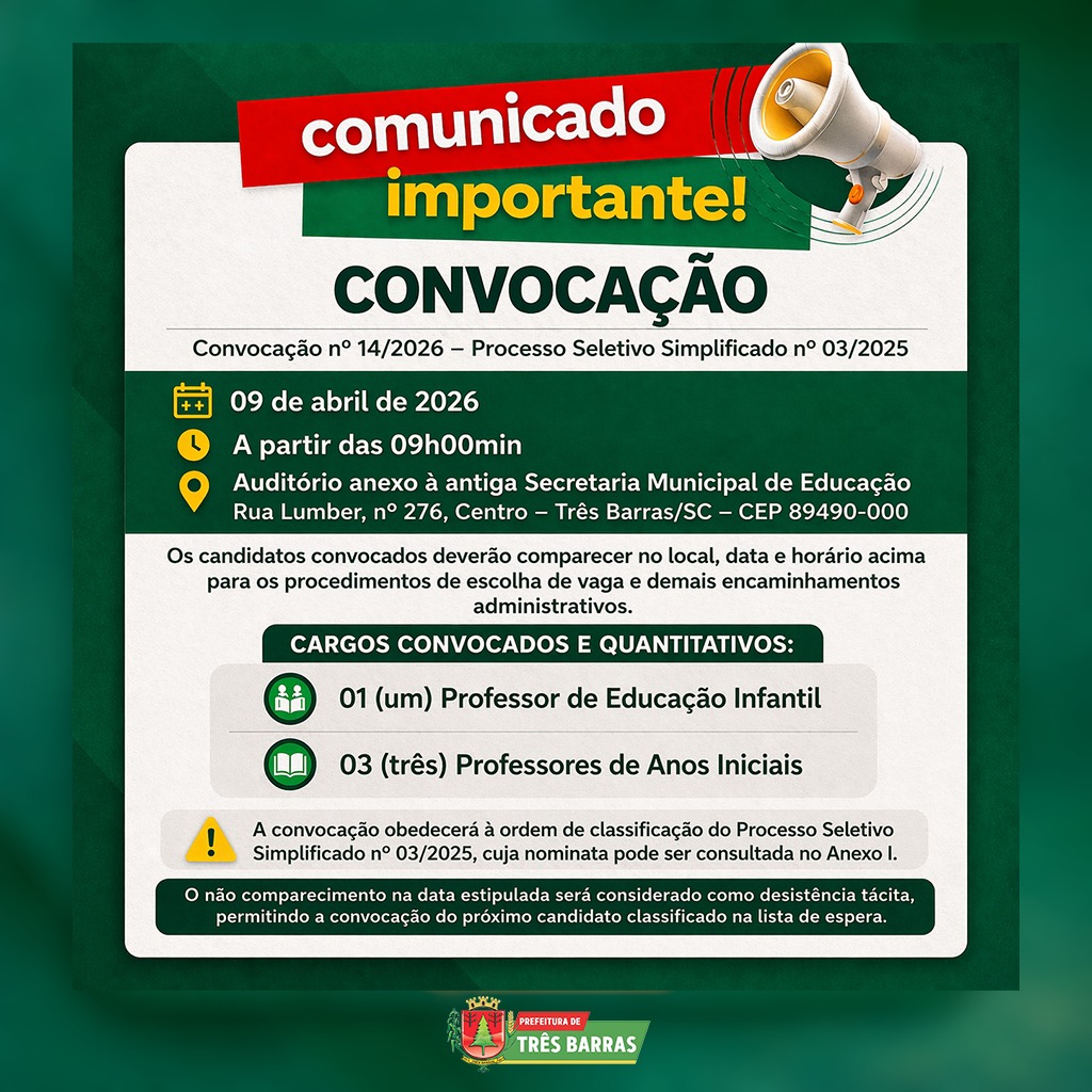 Prefeitura de Três Barras divulga convocação nº 14/2026