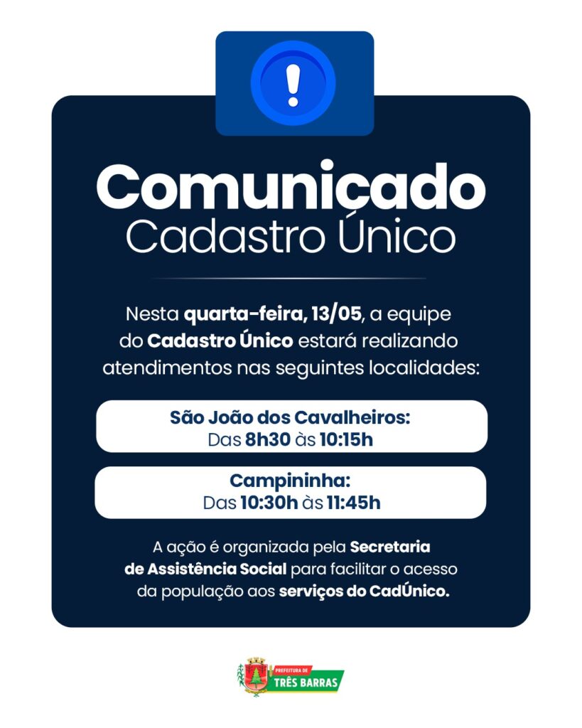 Prefeitura de Três Barras realiza mutirão de atendimento do Cadastro Único nesta quarta-feira (13) Prefeitura de Três Barras realiza mutirão de atendimento do Cadastro Único nesta quarta-feira (13)