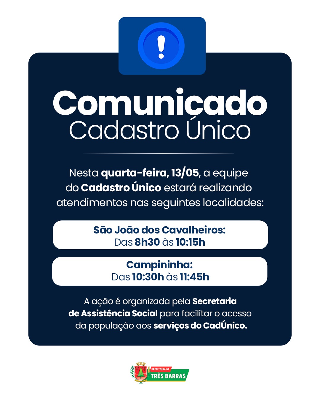 Prefeitura de Três Barras realiza mutirão de atendimento do Cadastro Único nesta quarta-feira (13)