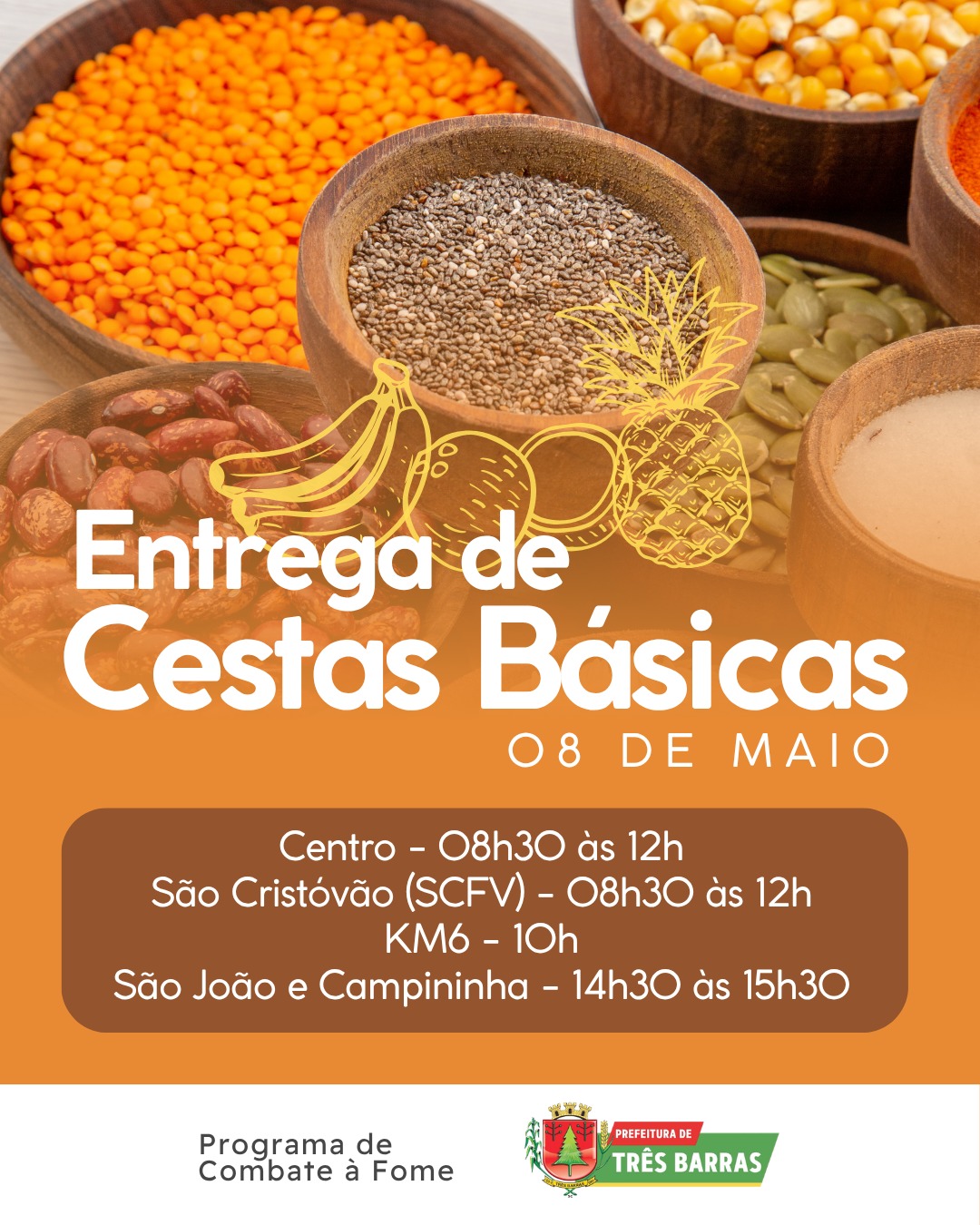 Cestas básicas do Programa de Combate à Fome serão entregues nesta semana, em Três Barras