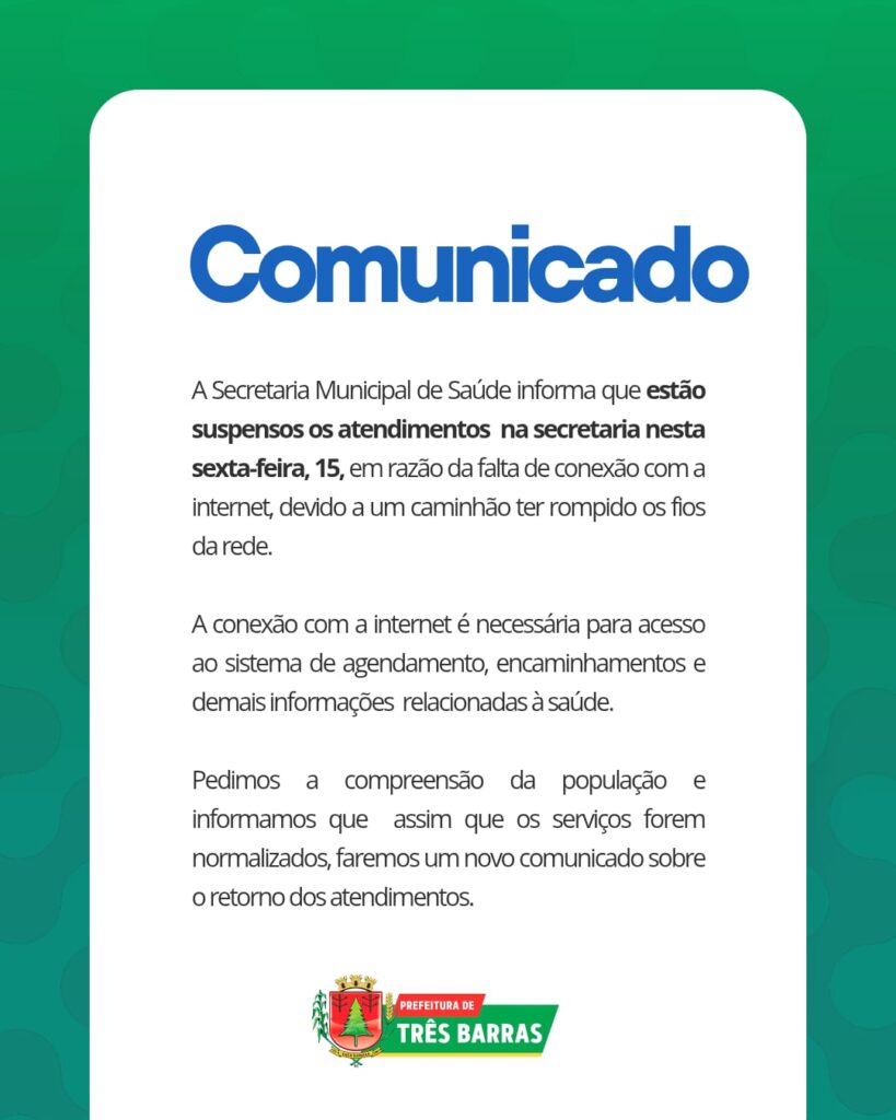 Saúde de Três Barras divulga nota de suspensão de atendimento na Secretaria nesta sexta-feira, 15 Saúde de Três Barras divulga nota de suspensão de atendimento na Secretaria nesta sexta-feira, 15