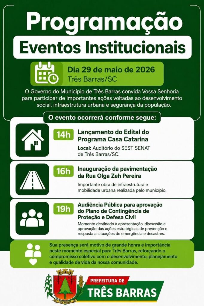Três Barras realiza eventos institucionais na tarde desta sexta-feira (29) Três Barras realiza eventos institucionais na tarde desta sexta-feira (29)