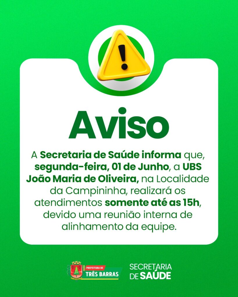 Expediente na UBS João Maria de Oliveira terá horário reduzido na próxima segunda-feira, 1º de junho Expediente na UBS João Maria de Oliveira terá horário reduzido na próxima segunda-feira, 1º de junho