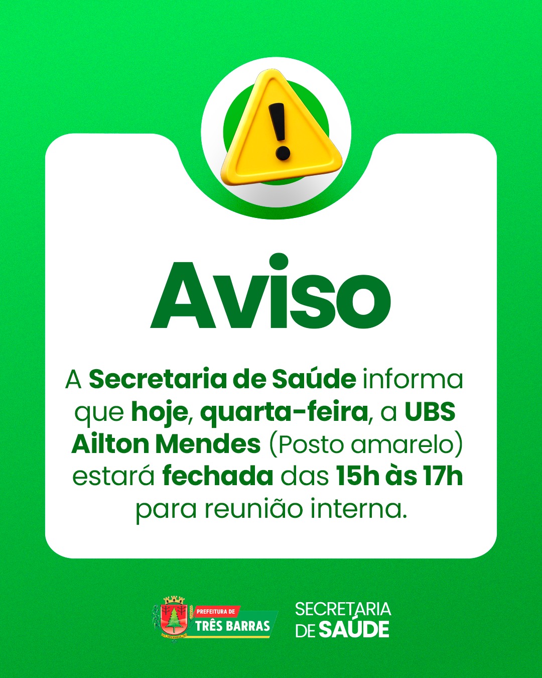 UBS Ailton Mendes terá funcionamento reduzido nesta sexta-feira, 10 de Junho