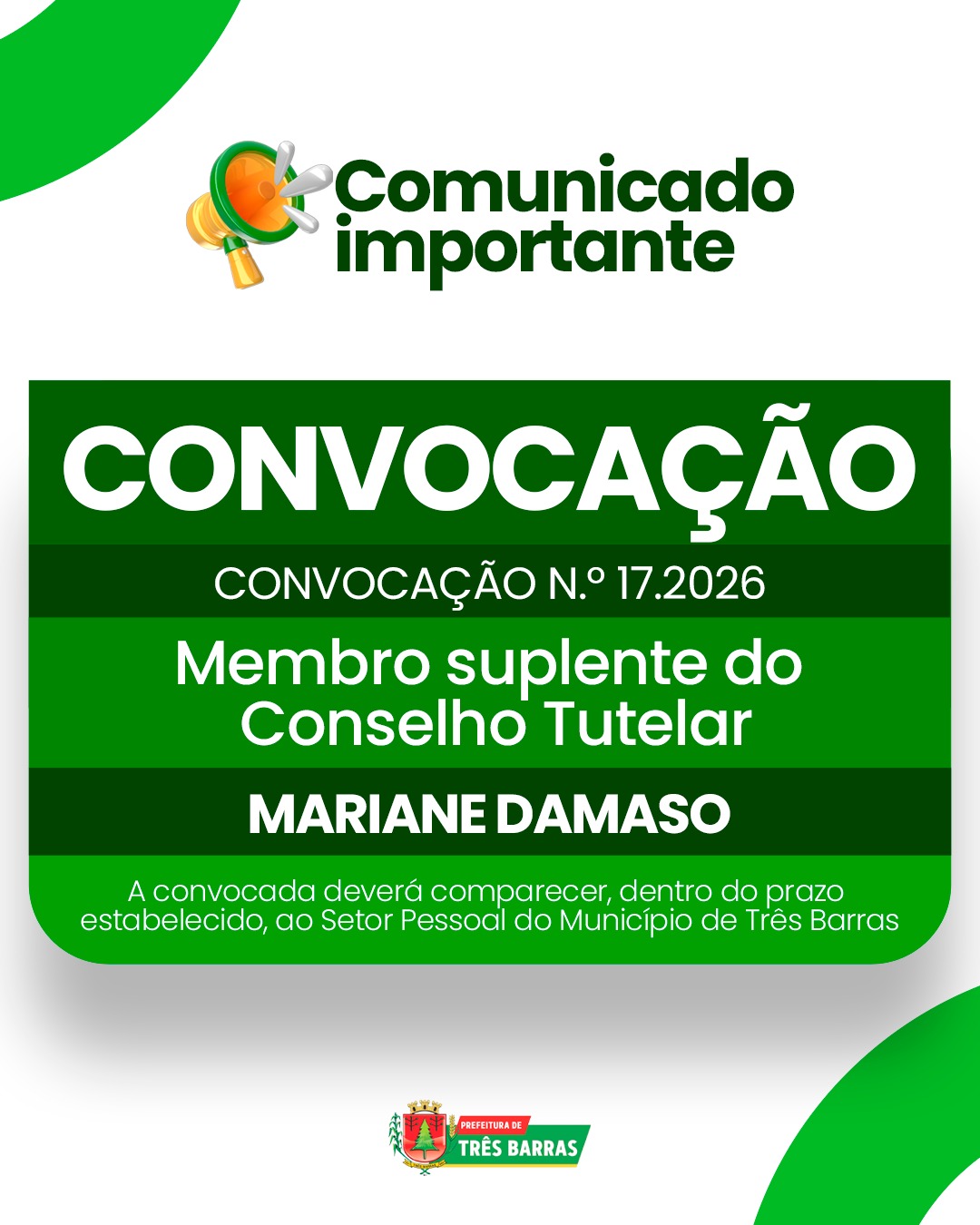 Três Barras convoca membro suplente do Conselho Tutelar