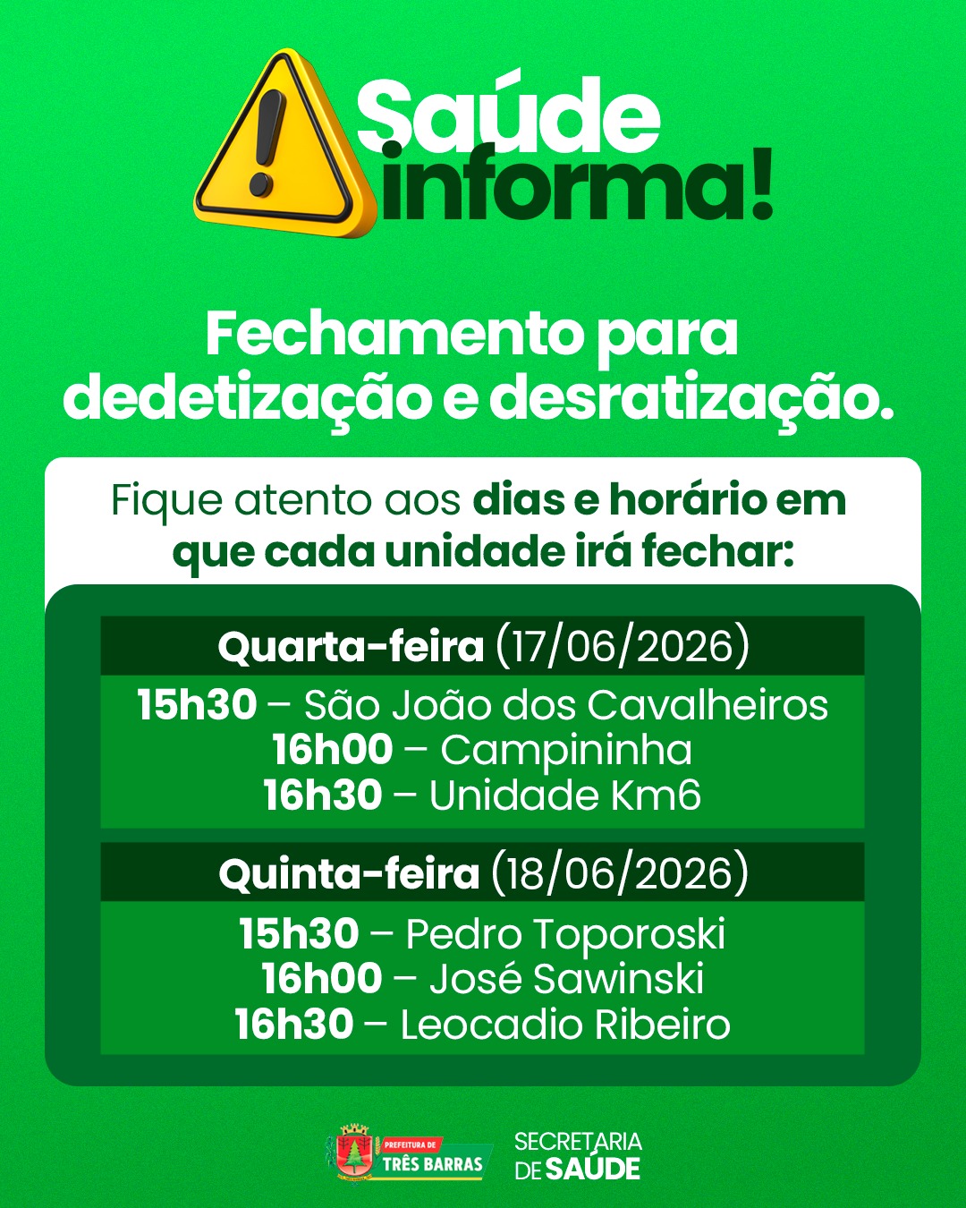 Três Barras: Unidades Básicas de Saúde receberão nesta semana dedetizações e desratizações Três Barras: Unidades Básicas de Saúde receberão nesta semana dedetizações e desratizações