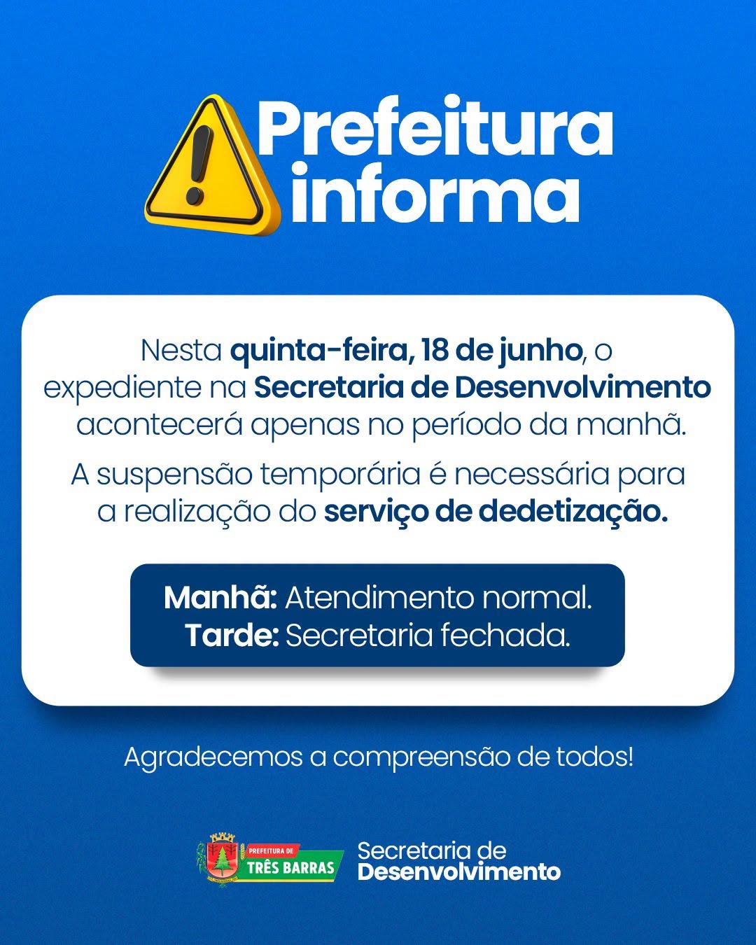 Secretaria de Desenvolvimento Econômico estará fechada na tarde desta quinta-feira, 18
