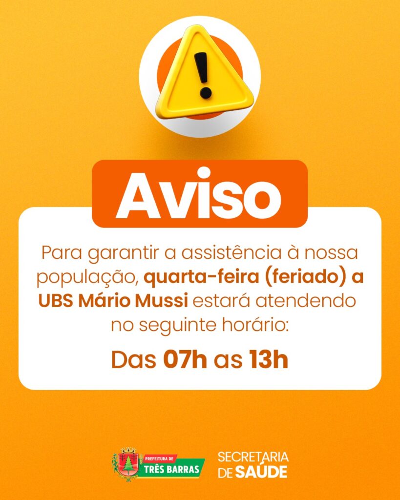 UBS Dr. Mário Mussi estará atendendo nesta quarta-feira, 24, em horário especial UBS Dr. Mário Mussi estará atendendo nesta quarta-feira, 24, em horário especial