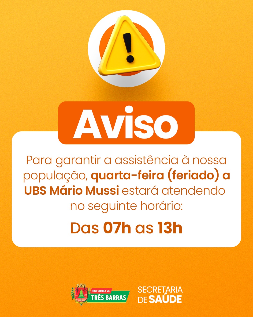UBS Dr. Mário Mussi estará atendendo nesta quarta-feira, 24, em horário especial