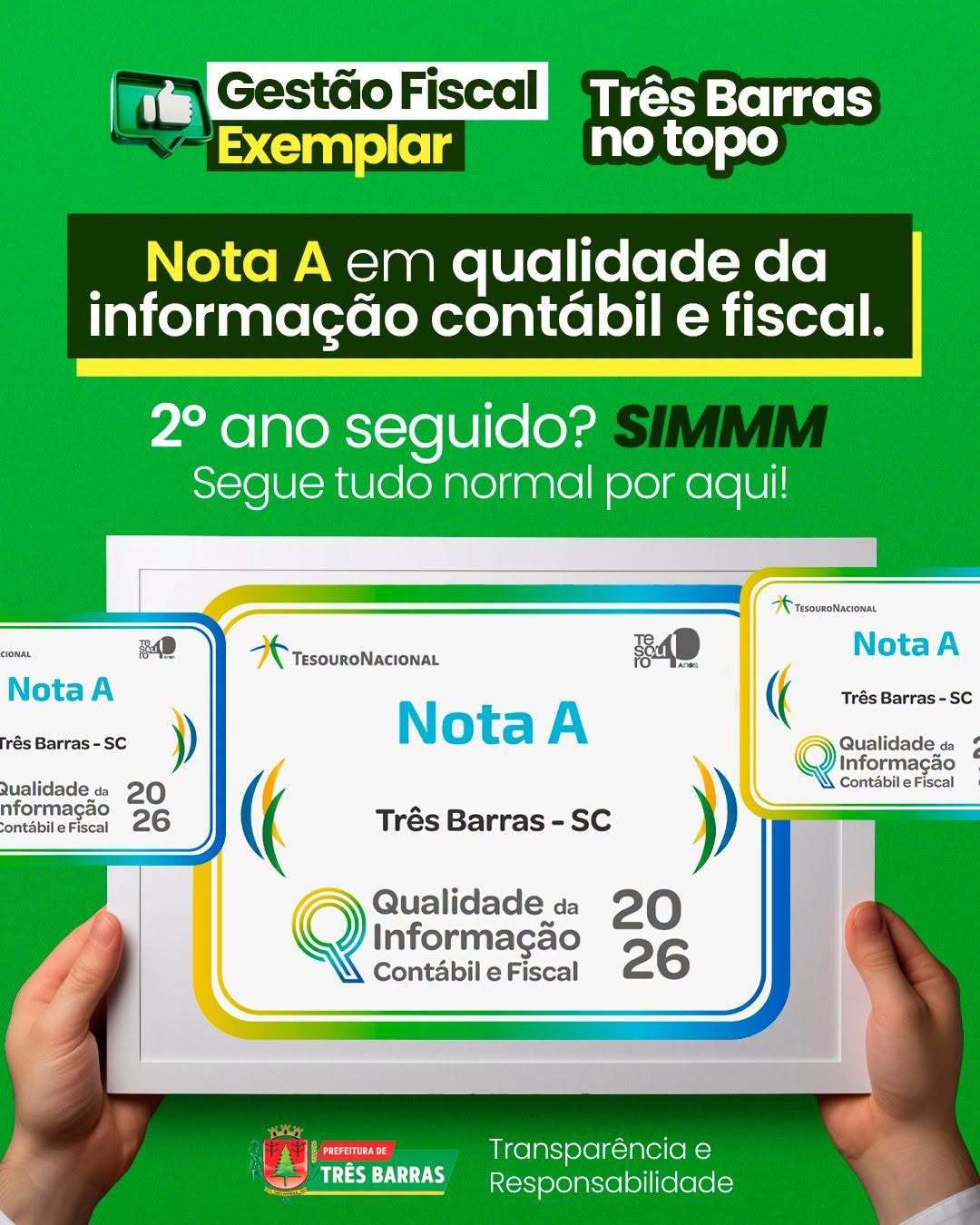 Três Barras conquista pelo segundo ano consecutivo a Nota A na qualidade da informação contábil e fiscal