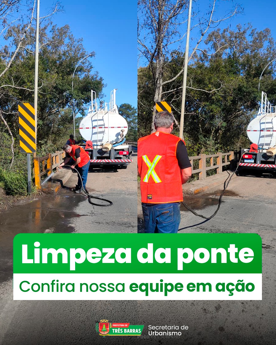 Equipes do Urbanismo realizam limpeza na Ponte sobre o Rio Negro entre Três Barras e São Mateus do Sul