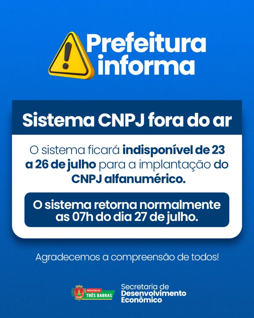 Sistema CNPJ está fora do ar; funcionamento retorna na próxima segunda-feira, 27 de Julho