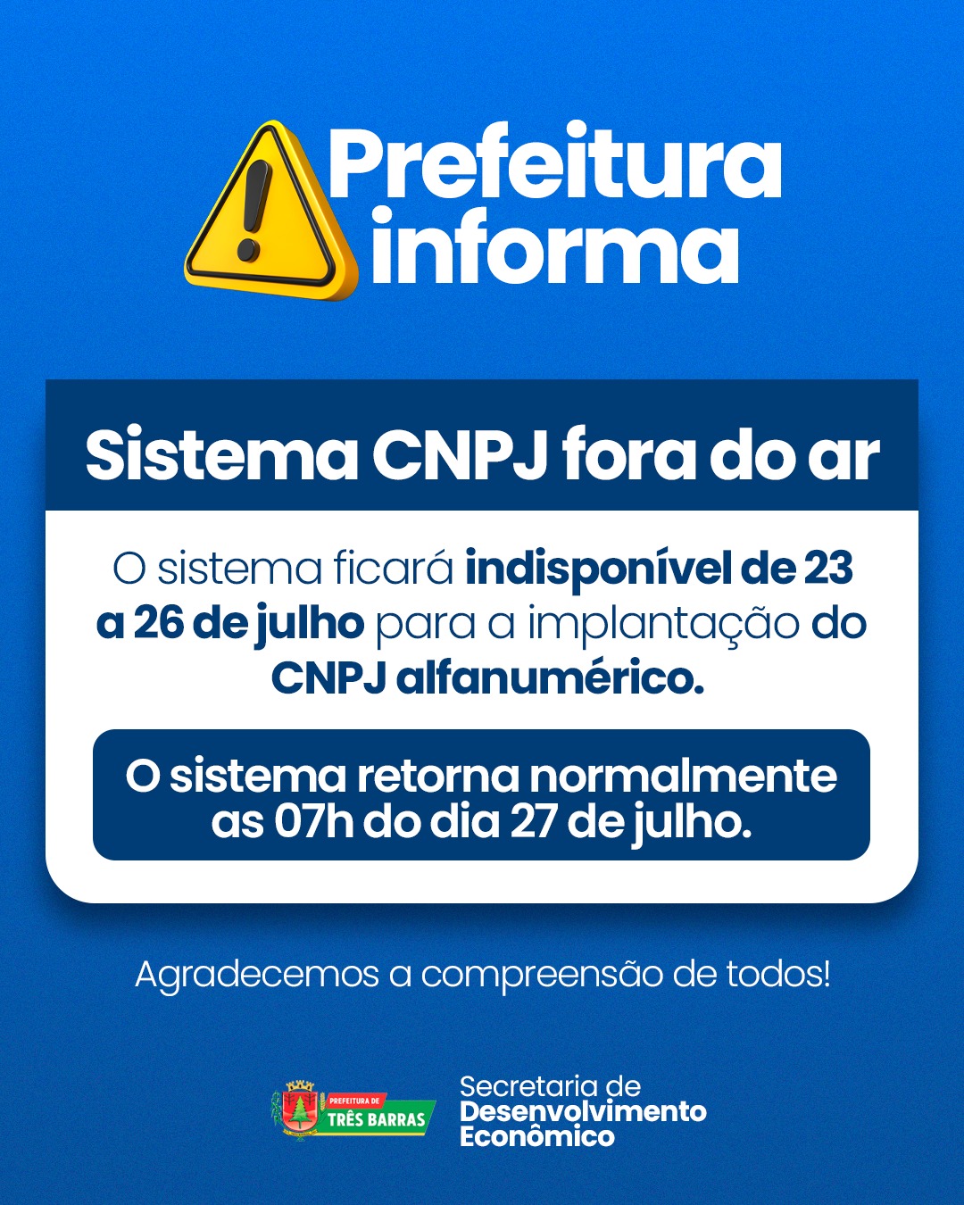 Sistema CNPJ está fora do ar; funcionamento retorna na próxima segunda-feira, 27 de Julho
