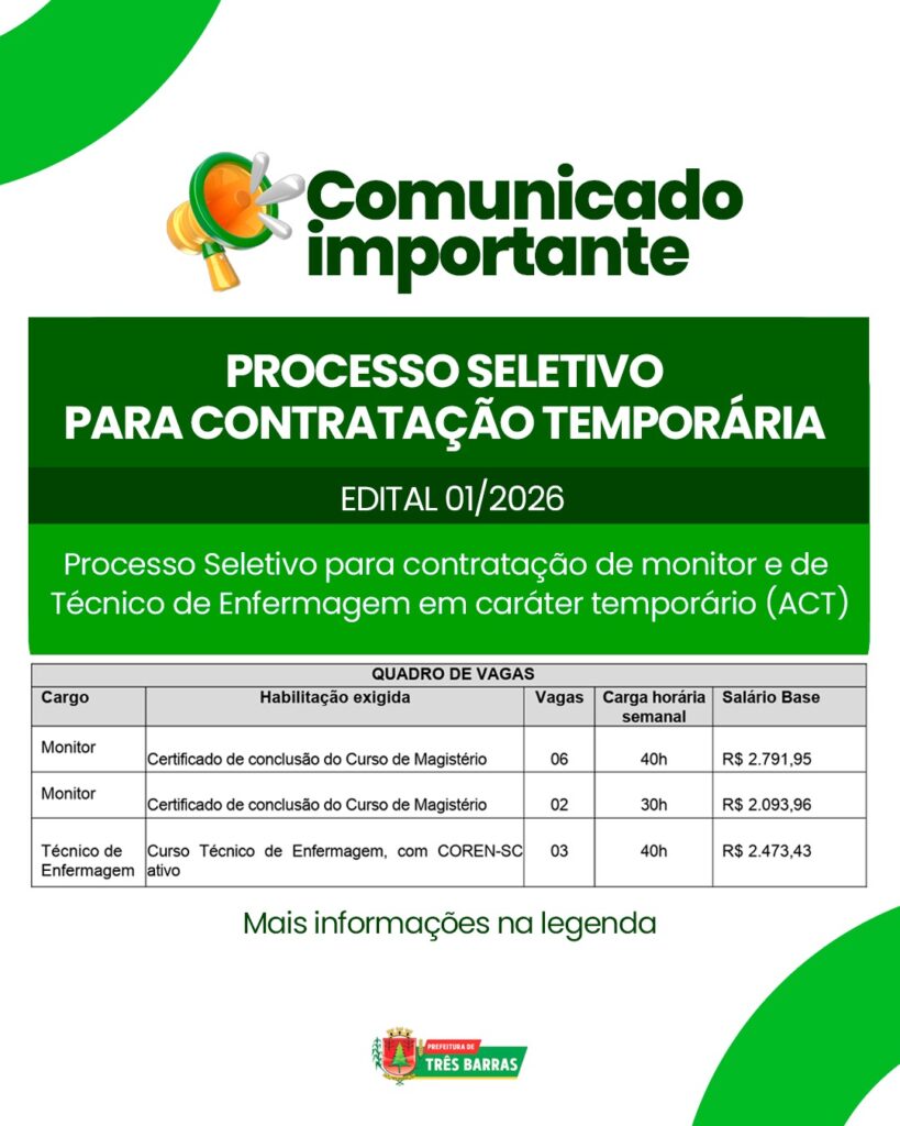Prefeitura de Três Barras divulga Processo Seletivo para a contratação de Monitor e Técnico de Enfermagem Prefeitura de Três Barras divulga Processo Seletivo para a contratação de Monitor e Técnico de Enfermagem