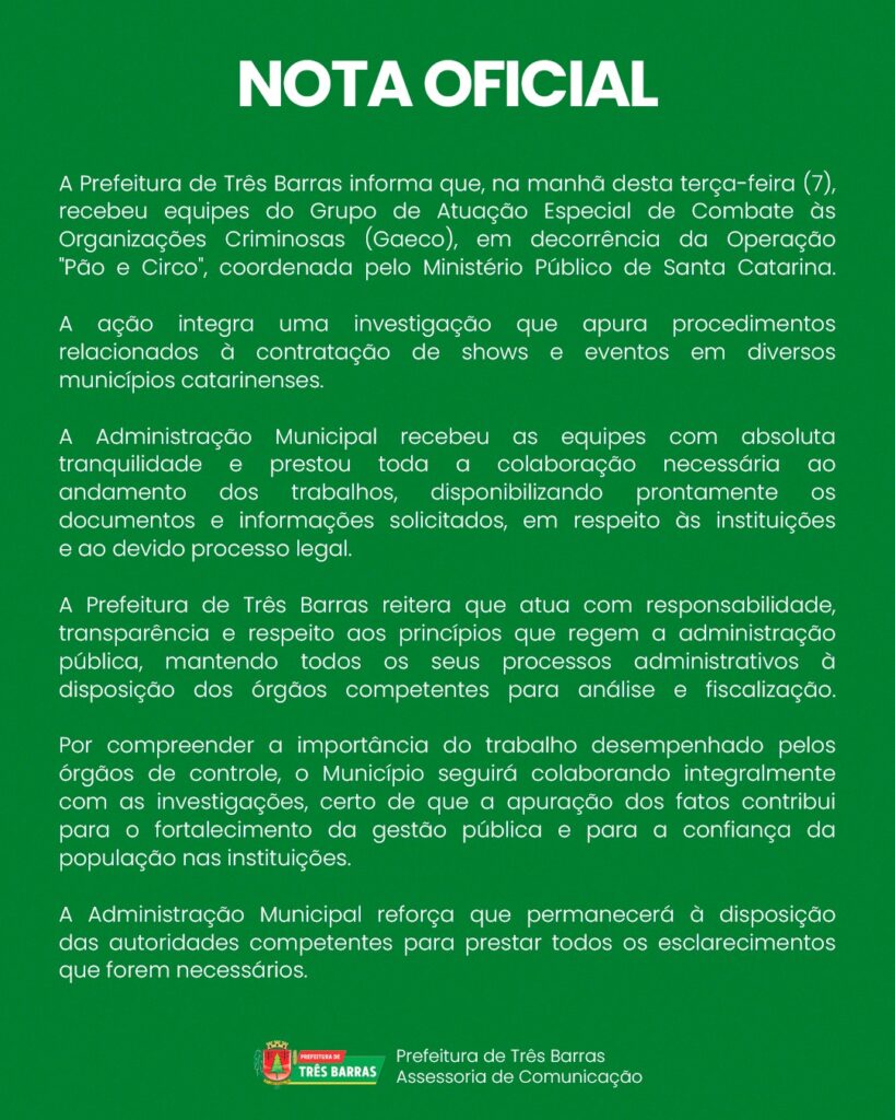 Três Barras emite Nota Oficial sobre Operação realiza na manhã desta terça-feira (07) Três Barras emite Nota Oficial sobre Operação realiza na manhã desta terça-feira (07)