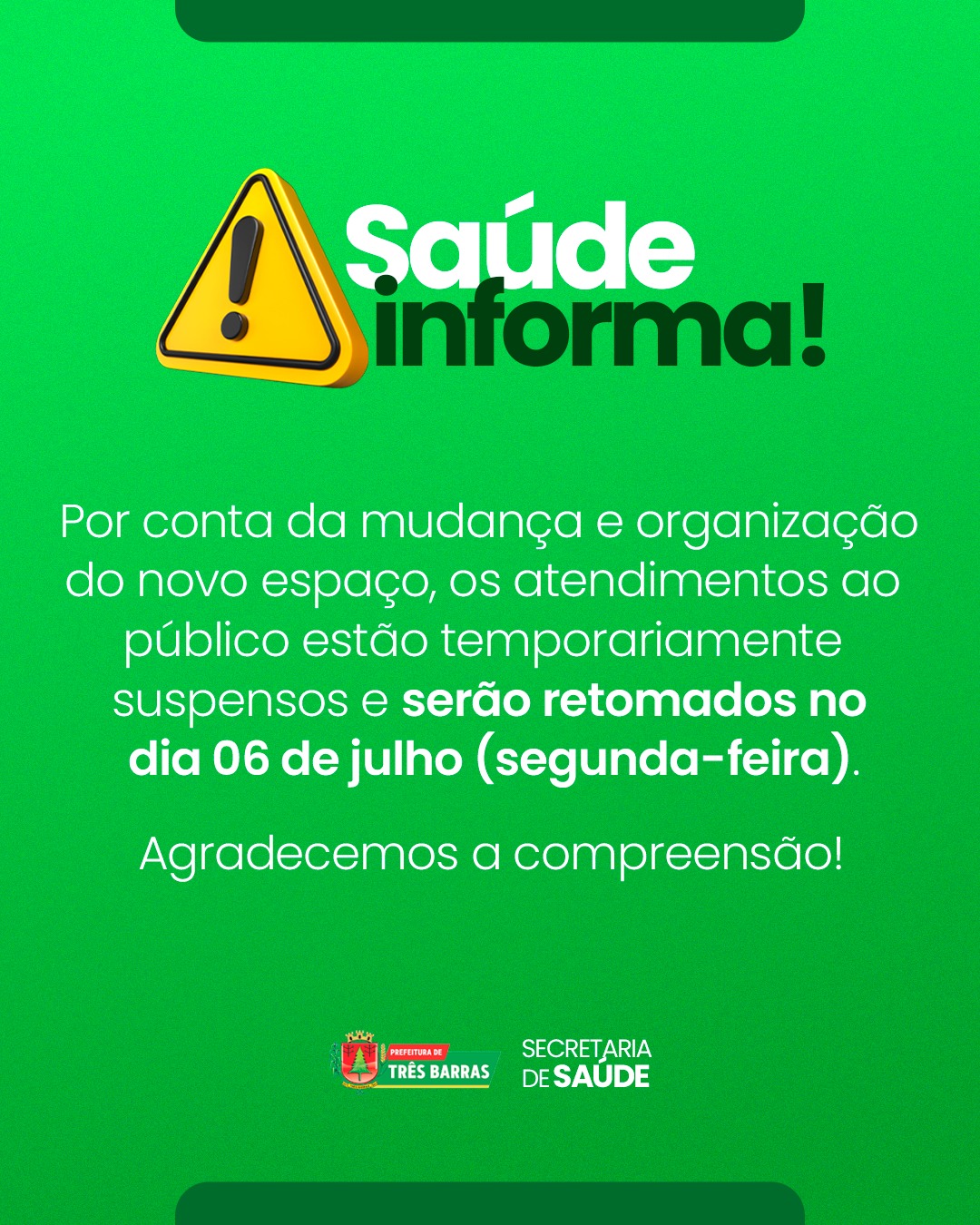 Atenção: Mudanças no atendimento da Secretaria de Saúde de Três Barras Atenção: Mudanças no atendimento da Secretaria de Saúde de Três Barras