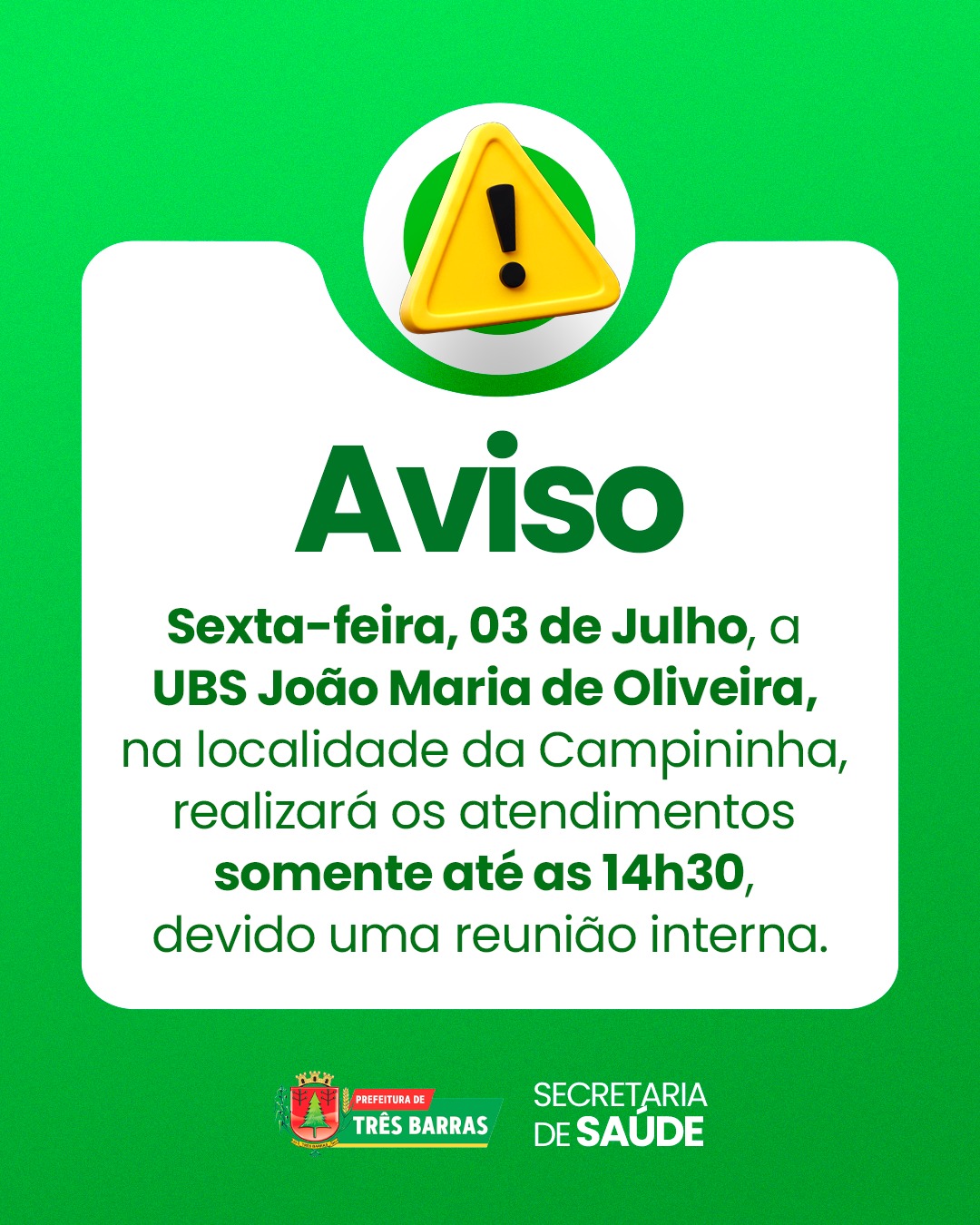 UBS João Maria de Oliveira da Localidade da Campininha terá atendimento reduzido nesta sexta-feira, 03 de Julho UBS João Maria de Oliveira da Localidade da Campininha terá atendimento reduzido nesta sexta-feira, 03 de Julho