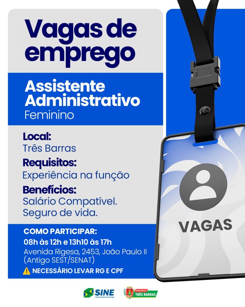 Oportunidade: SINE de Três Barras dispõe Vaga de Emprego Oportunidade: SINE de Três Barras dispõe Vaga de Emprego