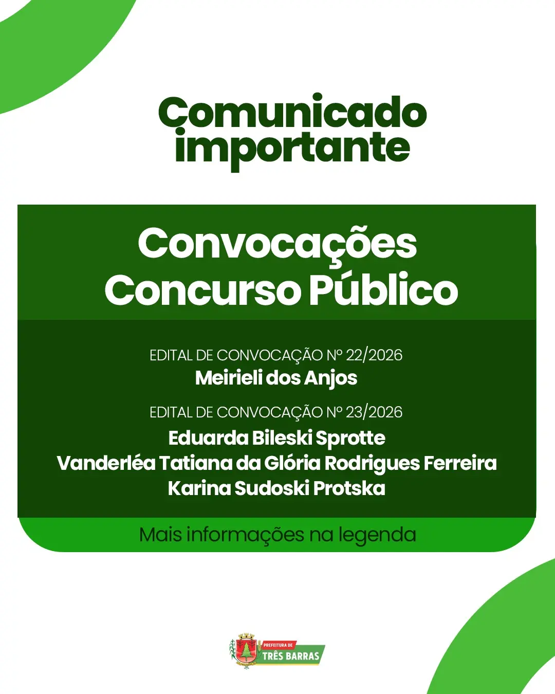 Três Barras divulga convocações alusivas ao Concurso Público
