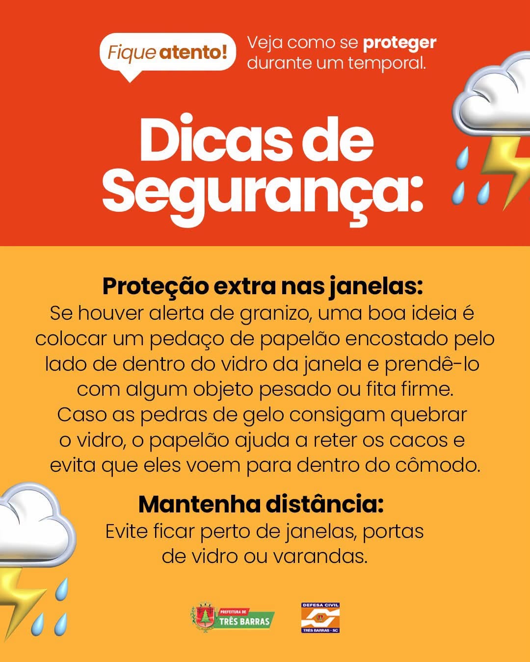 Importante: Proteção e Defesa Civil de Três Barras emite alerta para a população