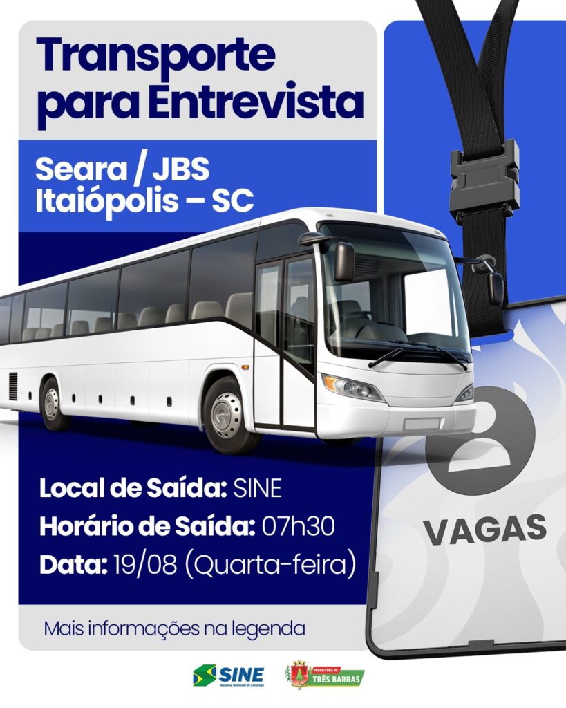 Três Barras: Transporte gratuito será disponibilizado para candidatos que participarão de entrevistas de emprego Três Barras: Transporte gratuito será disponibilizado para candidatos que participarão de entrevistas de emprego