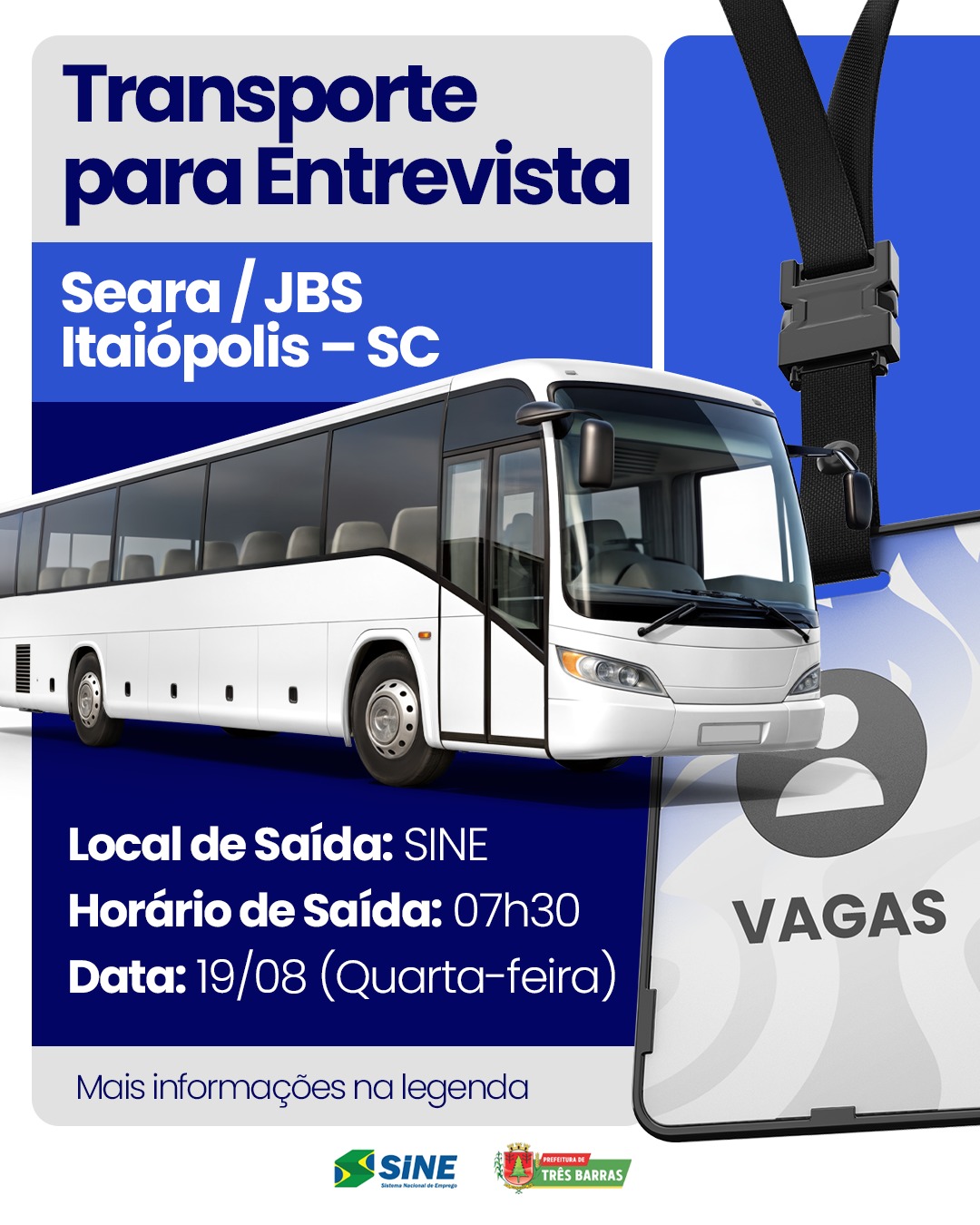 Três Barras: Transporte gratuito será disponibilizado para candidatos que participarão de entrevistas de emprego