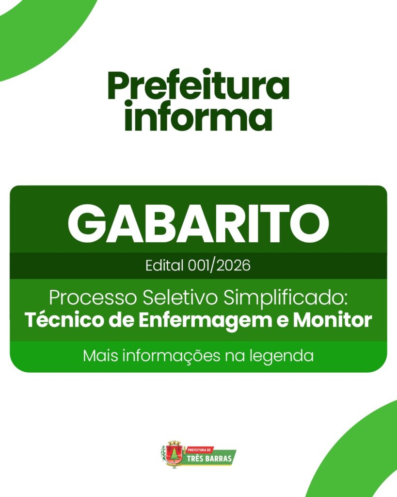 Três Barras divulga Gabaritos referentes o Edital 001/2026 Três Barras divulga Gabaritos referentes o Edital 001/2026