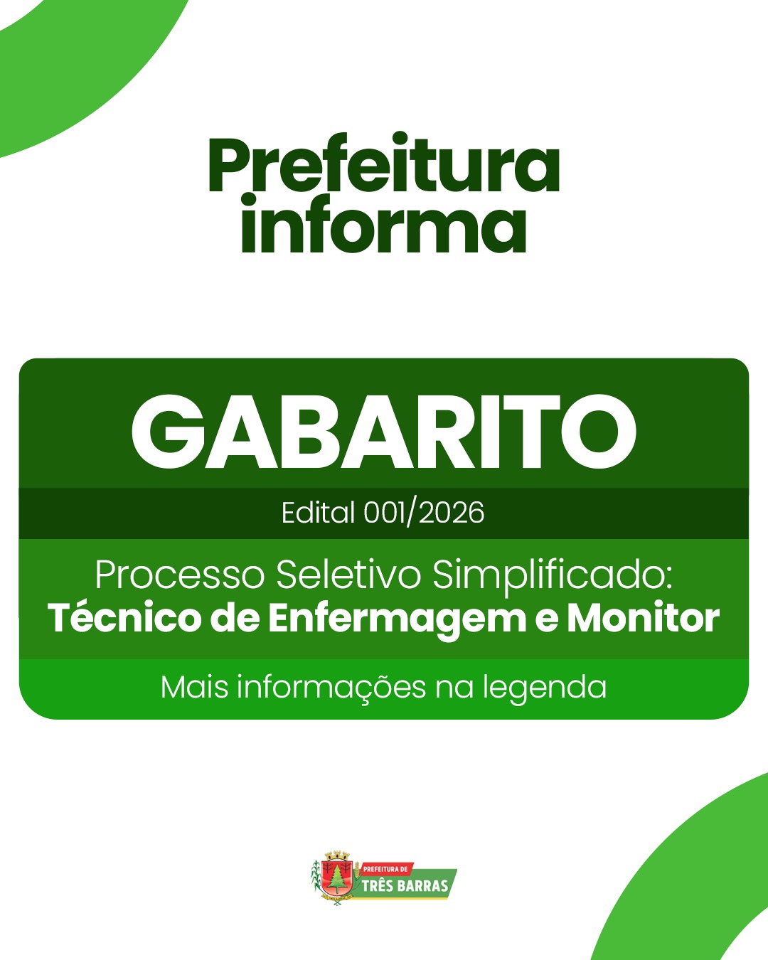 Três Barras divulga Gabaritos referentes o Edital 001/2026