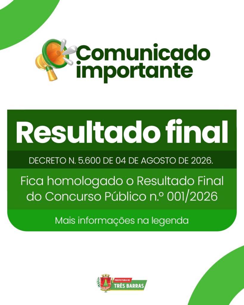 Três Barras divulga Resultado Final referente ao Concurso Público nº 001/2026