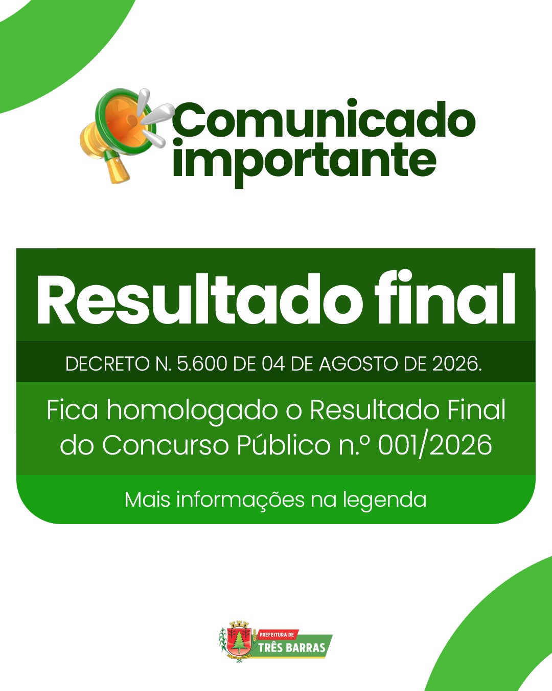 Três Barras divulga Resultado Final referente ao Concurso Público nº 001/2026