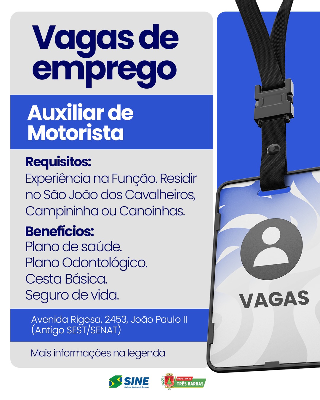 Três Barras: SINE divulga vaga para Auxiliar de Motorista