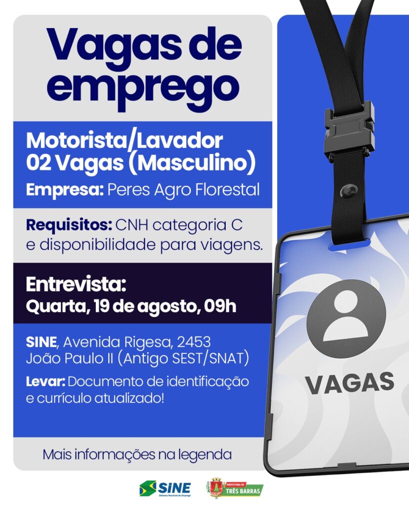 Três Barras: Empresa Peres Agro Florestal em parceria com o SINE disponibiliza seleções para o mercado de trabalho Três Barras: Empresa Peres Agro Florestal em parceria com o SINE disponibiliza seleções para o mercado de trabalho