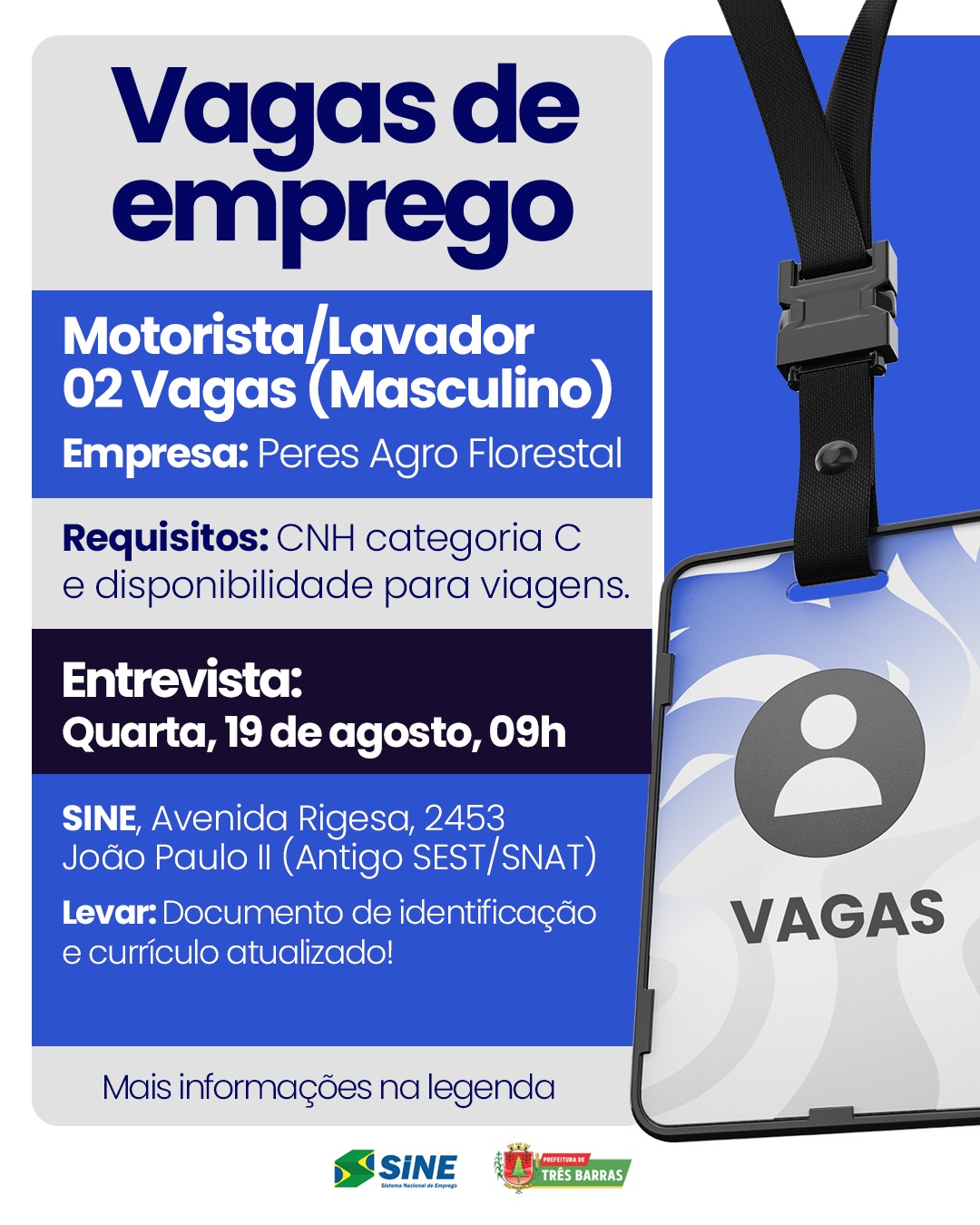 Três Barras: Empresa Peres Agro Florestal em parceria com o SINE disponibiliza seleções para o mercado de trabalho