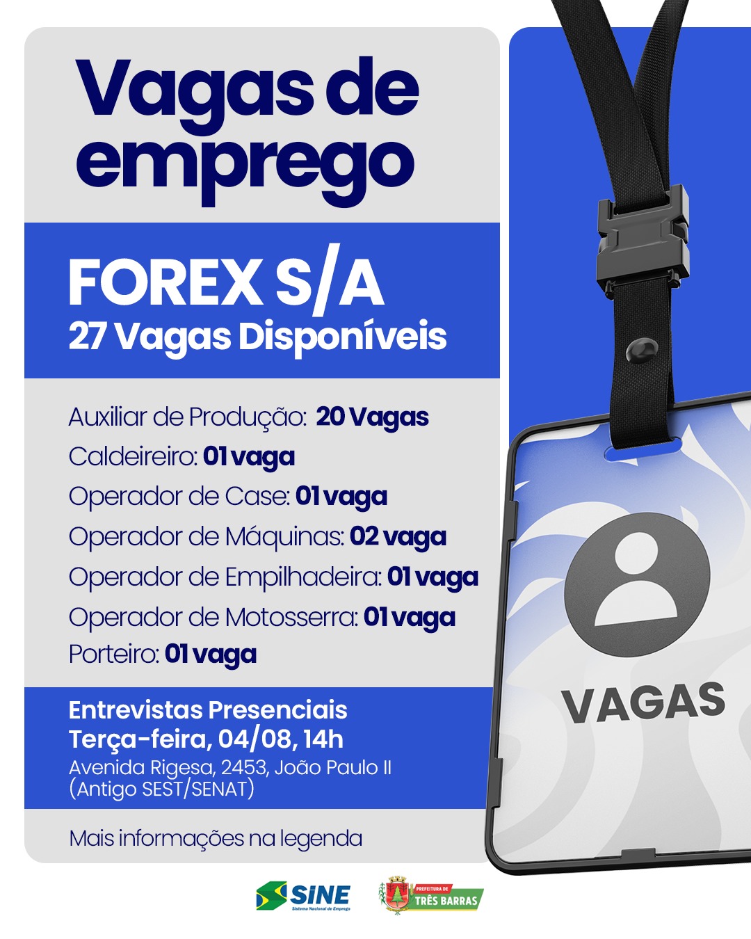 Oportunidade de Emprego: Forex S/A abre processo seletivo com 27 vagas de emprego em Três Barras