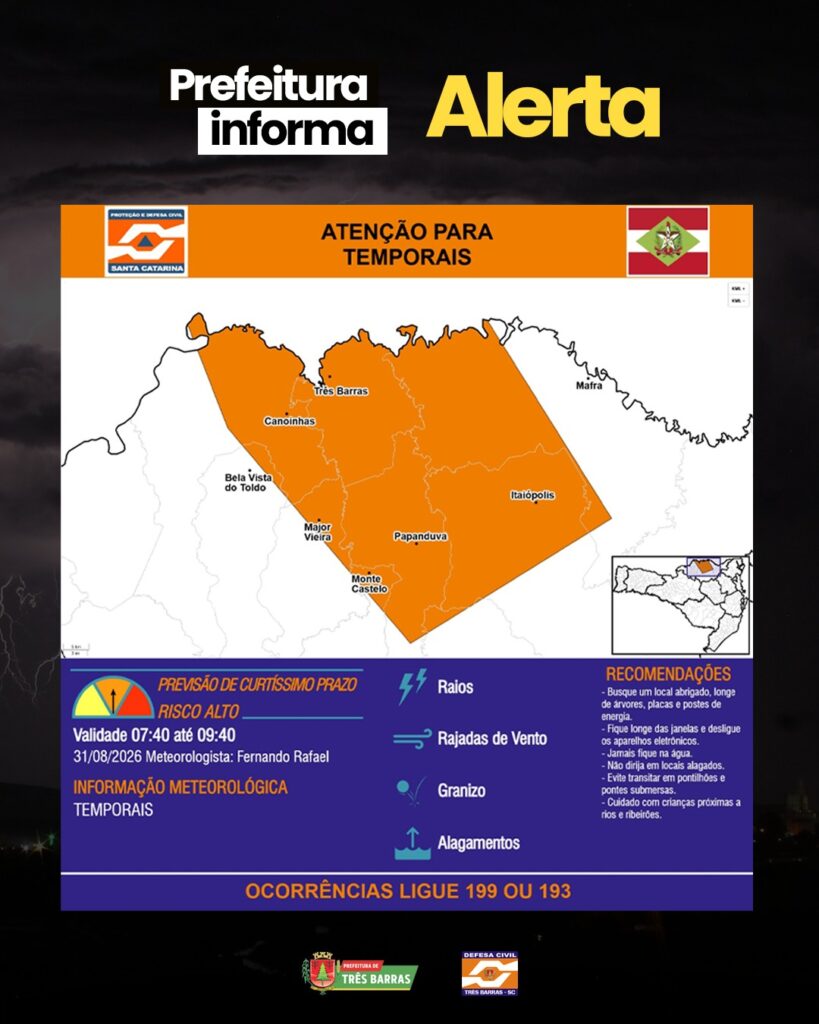Defesa Civil emite aviso de risco alto para temporais na região de Três Barras Defesa Civil emite aviso de risco alto para temporais na região de Três Barras