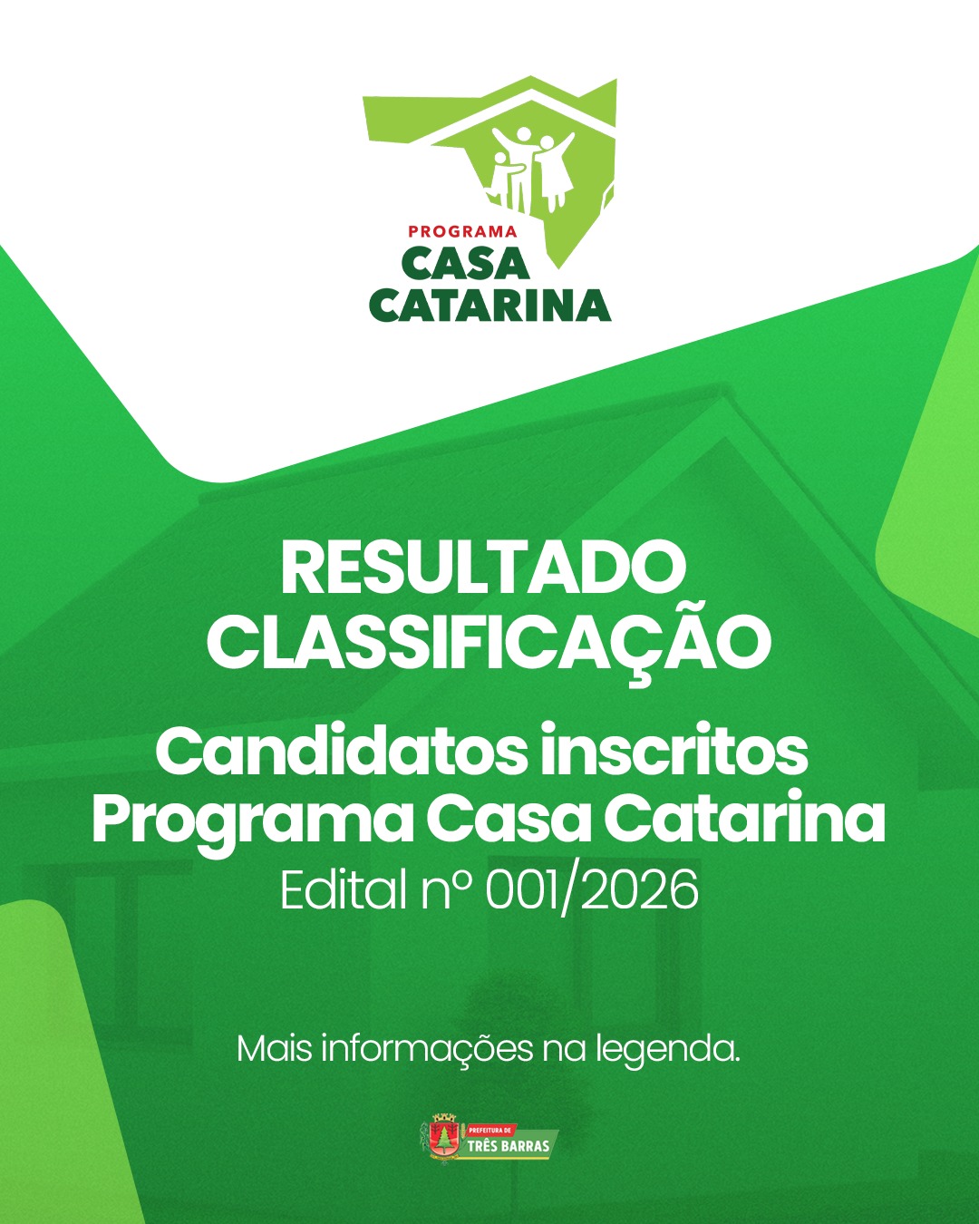 Prefeitura de Três Barras divulga Resultado da Classificação dos candidatos inscritos no Programa Casa Catarina