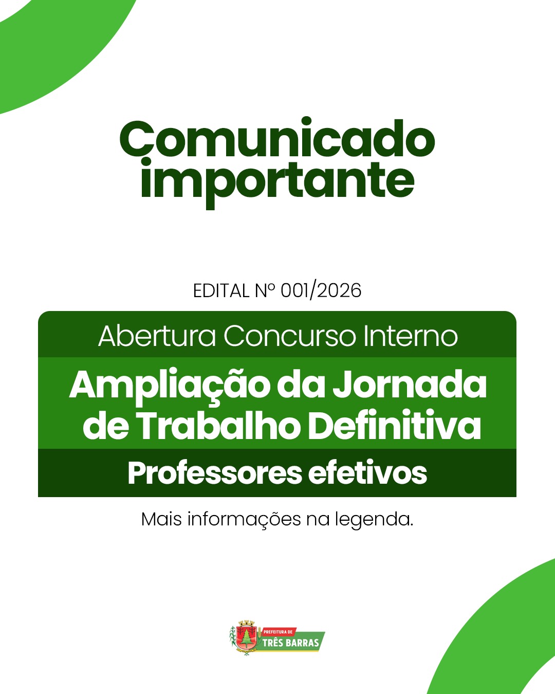 Prefeitura de Três Barras abre concurso interno para ampliação da jornada de trabalho de professores efetivos