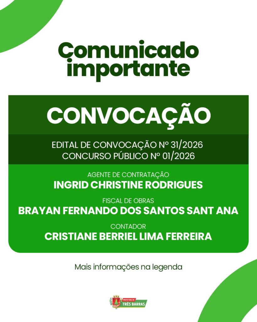Prefeitura de Três Barras convoca candidatos aprovados em Concurso Público Prefeitura de Três Barras convoca candidatos aprovados em Concurso Público