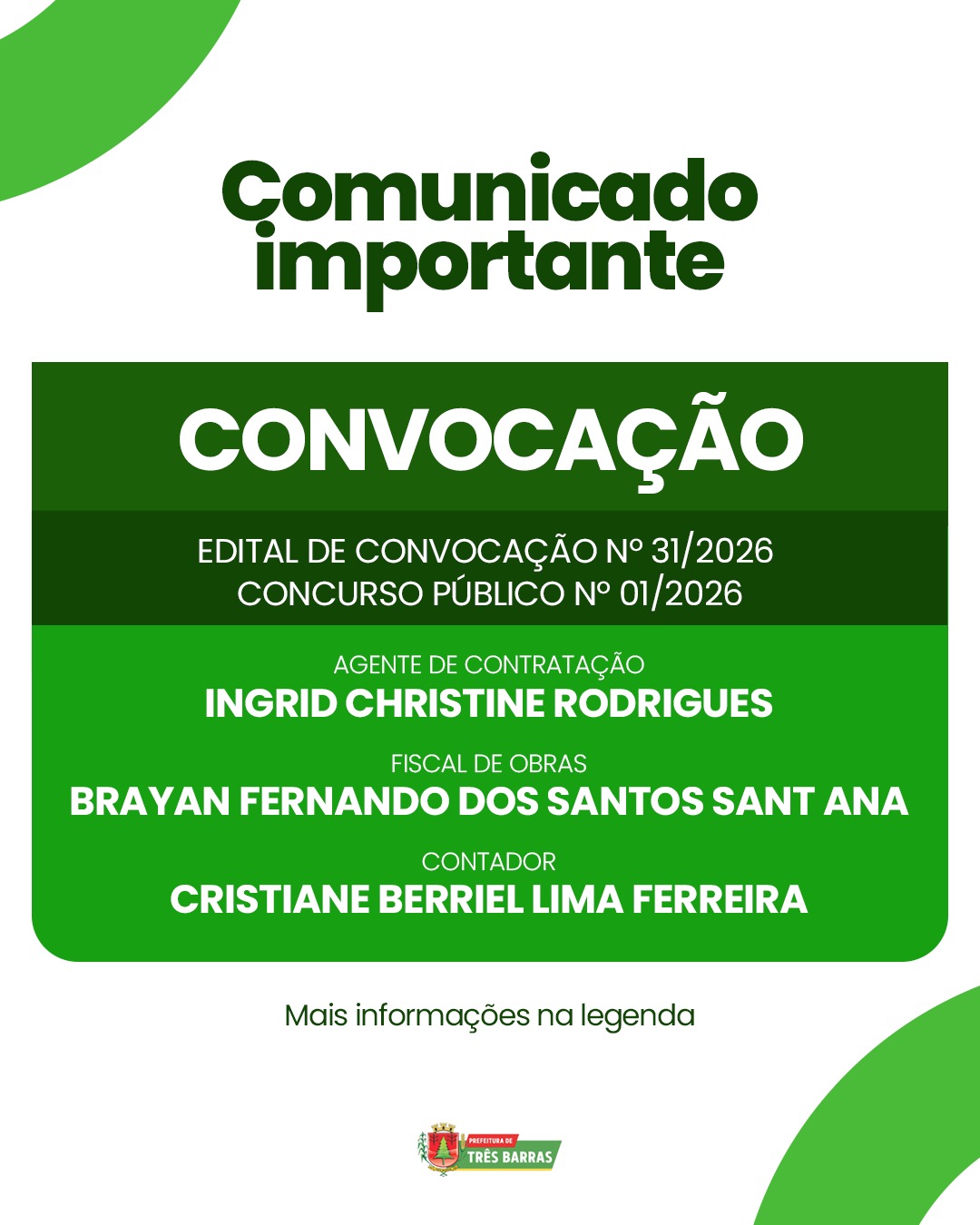Prefeitura de Três Barras convoca candidatos aprovados em Concurso Público Prefeitura de Três Barras convoca candidatos aprovados em Concurso Público