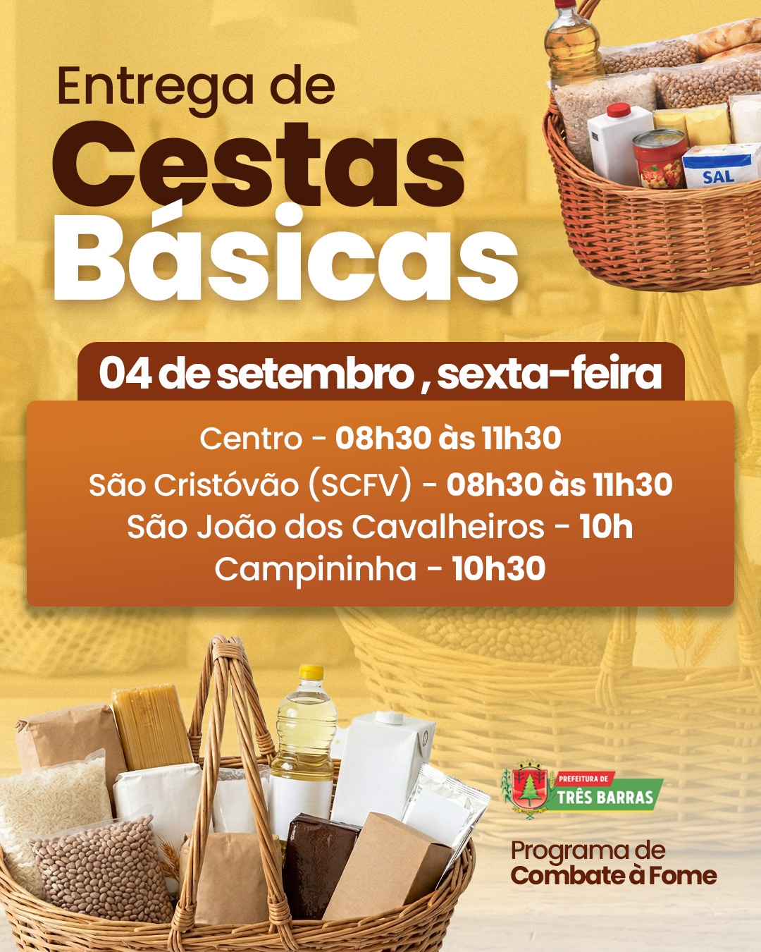 Entrega de cestas básicas acontece nesta sexta-feira, 4 de setembro Entrega de cestas básicas acontece nesta sexta-feira, 4 de setembro