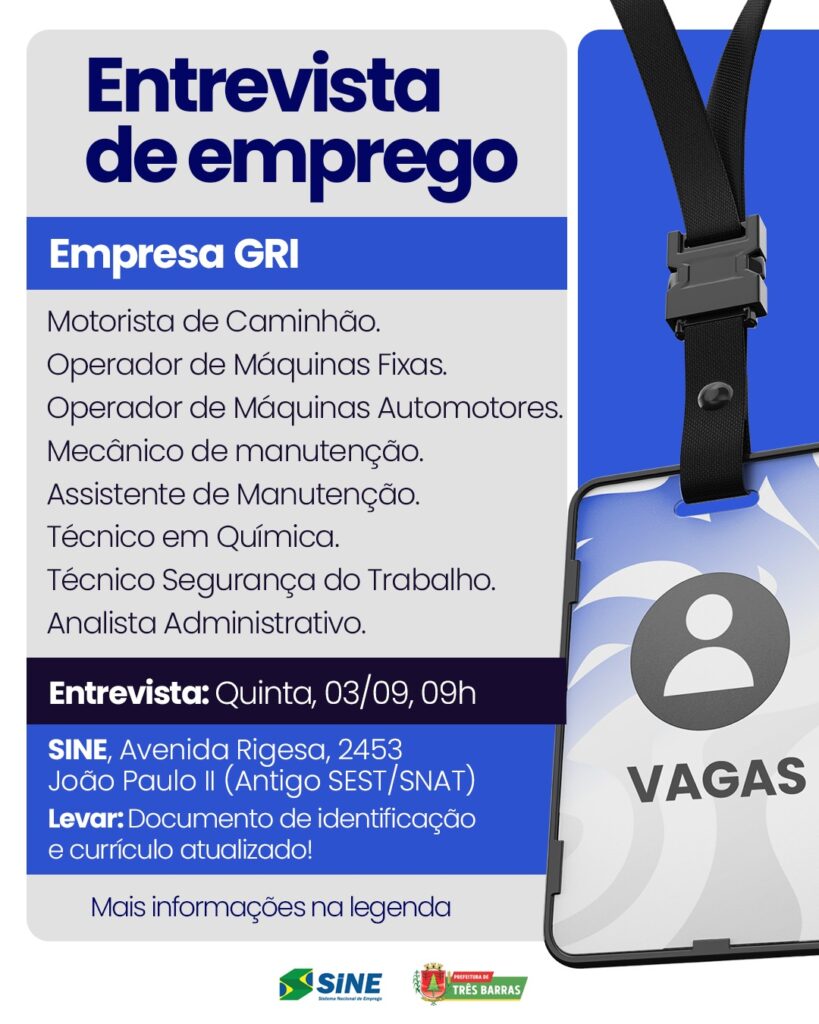 Oportunidade no mercado de trabalho: Empresa GRI realiza seleção de profissionais em Três Barras