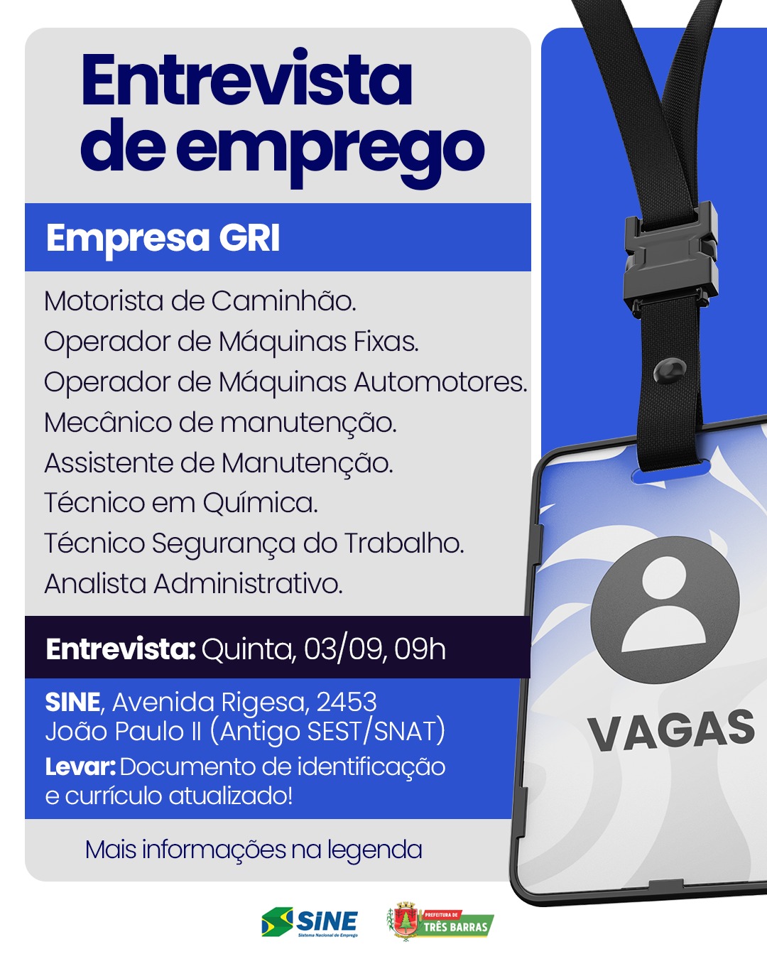 Oportunidade no mercado de trabalho: Empresa GRI realiza seleção de profissionais em Três Barras Oportunidade no mercado de trabalho: Empresa GRI realiza seleção de profissionais em Três Barras