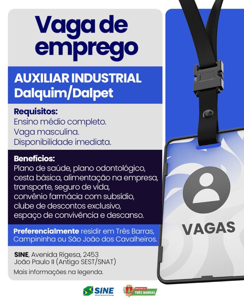 Atenção: Posto do SINE de Três Barras dispõe de Vaga de Emprego Atenção: Posto do SINE de Três Barras dispõe de Vaga de Emprego