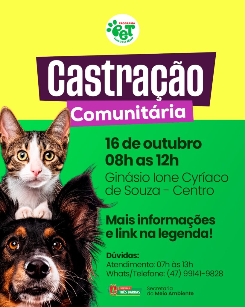 Atenção: Três Barras realiza Mutirão de Castração no dia 16 de Outubro Atenção: Três Barras realiza Mutirão de Castração no dia 16 de Outubro